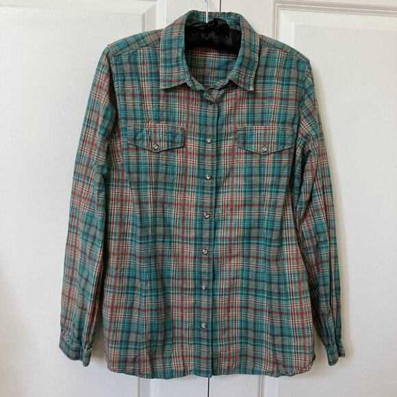 Woolrich Pearl Snap Shirt Womens L Blue Plaid Western Cowgirl Rodeo - Picture 1 of 8